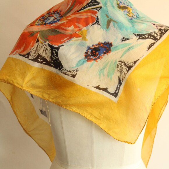Vintage 1940s 1950s Silk Scarf, Square Floral Print Headscarf, Blue Teal Gold an - Picture 8 of 10